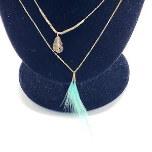 Double Layer Gold Chain Feather Pendant and Green Feathers 18in